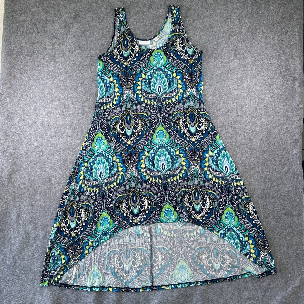 New York & Company Womens High Low Tank Dress M Blue Paisley Stretch Jersey